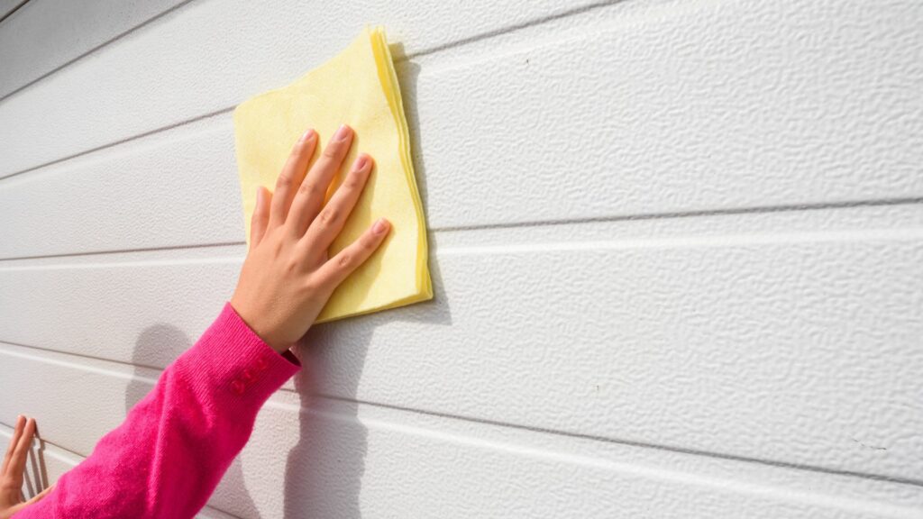 A homeowner cleans her garage with a microfiber cloth after learning how to clean your garage door