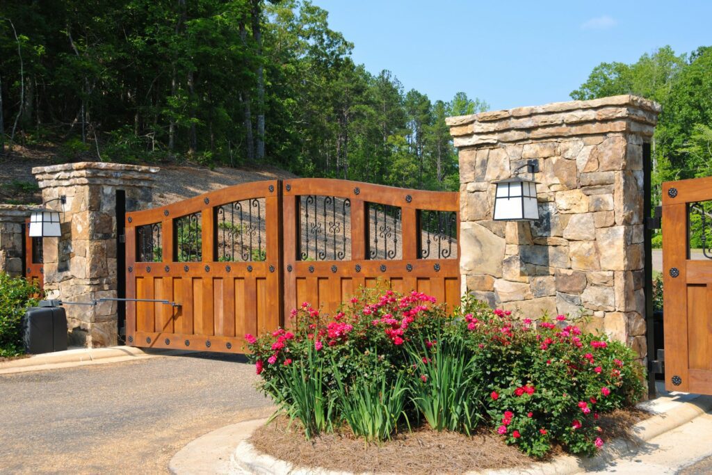 A lovely example of residential gates with wood paneling